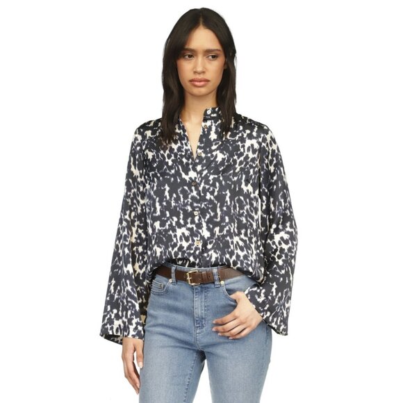 Michael Kors Women's Printed Button-Front Flare-Sleeve Top Navy Size XS MSRP$110 - Picture 1 of 3